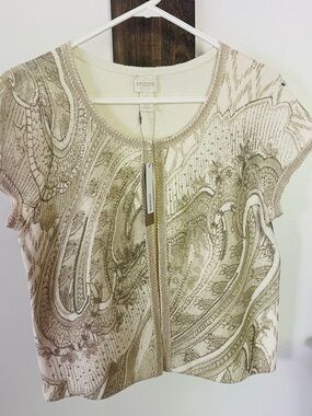 Chico's cap sleeve beaded cardigan with front opening. Taupe & white